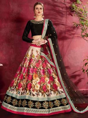 CREAM AND BLACK DORI AND SEQUINS EMBROIDERED ART SILK PARTY WEAR LEHENGA CHOLI 1