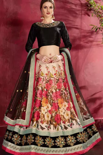CREAM AND BLACK DORI AND SEQUINS EMBROIDERED ART SILK PARTY WEAR LEHENGA CHOLI