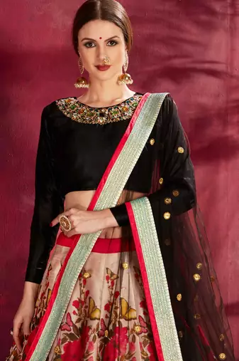 CREAM AND BLACK DORI AND SEQUINS EMBROIDERED ART SILK PARTY WEAR LEHENGA CHOLI
