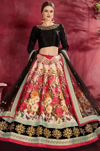 CREAM AND BLACK DORI AND SEQUINS EMBROIDERED ART SILK PARTY WEAR LEHENGA CHOLI