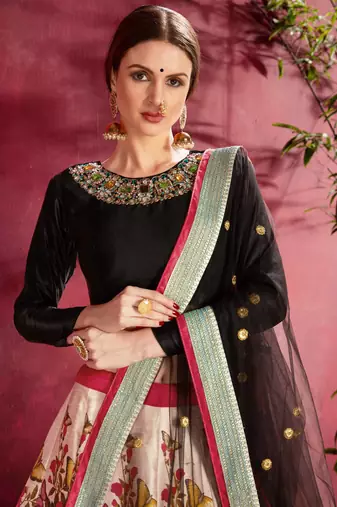 CREAM AND BLACK DORI AND SEQUINS EMBROIDERED ART SILK PARTY WEAR LEHENGA CHOLI