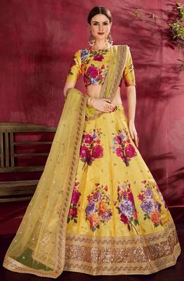 CAPTIVATING YELLOW PEARL, DORI AND SEQUINS EMBROIDERED ART SILK SEMI STITCHED PARTY WEAR LEHENGA CHOLI 1