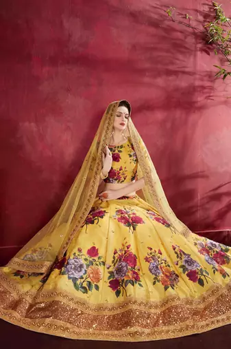 CAPTIVATING YELLOW PEARL, DORI AND SEQUINS EMBROIDERED ART SILK SEMI STITCHED PARTY WEAR LEHENGA CHOLI