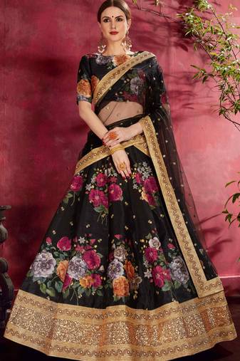 BEWITCHING BLACK PEARL, DORI AND SEQUINS EMBROIDERED ART SILK SEMI STITCHED WEDDING LEHENGA