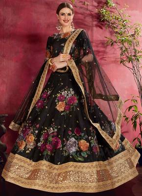 BEWITCHING BLACK PEARL, DORI AND SEQUINS EMBROIDERED ART SILK SEMI STITCHED WEDDING LEHENGA 2