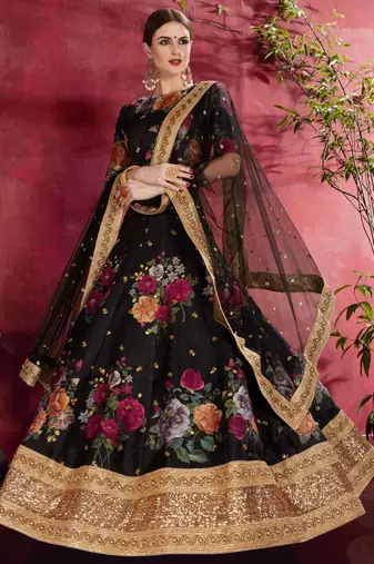 BEWITCHING BLACK PEARL, DORI AND SEQUINS EMBROIDERED ART SILK SEMI STITCHED WEDDING LEHENGA