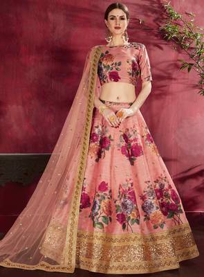 HYPNOTIZING PEACH PEARL, DORI AND SEQUINS EMBROIDERED ART SILK FABRIC LEHENGA CHOLI FOR BRIDE 1