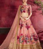 HYPNOTIZING PEACH PEARL, DORI AND SEQUINS EMBROIDERED ART SILK FABRIC LEHENGA CHOLI FOR BRIDE