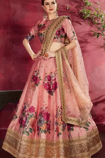 HYPNOTIZING PEACH PEARL, DORI AND SEQUINS EMBROIDERED ART SILK FABRIC LEHENGA CHOLI FOR BRIDE