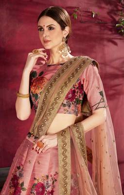 HYPNOTIZING PEACH PEARL, DORI AND SEQUINS EMBROIDERED ART SILK FABRIC LEHENGA CHOLI FOR BRIDE 3