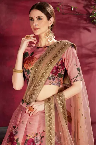 HYPNOTIZING PEACH PEARL, DORI AND SEQUINS EMBROIDERED ART SILK FABRIC LEHENGA CHOLI FOR BRIDE