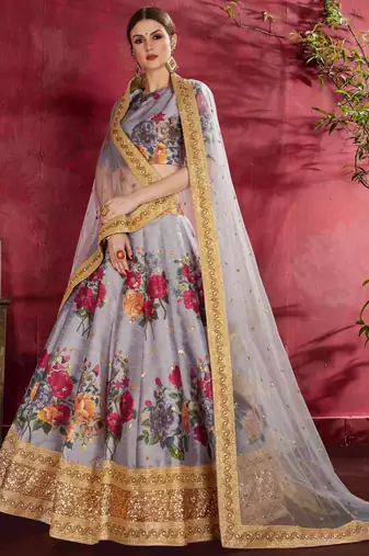 GLAMOROUS GREY PEARL, DORI AND SEQUINS EMBROIDERED ART SILK FABRIC LEHENGA CHOLI FOR CEREMONIAL