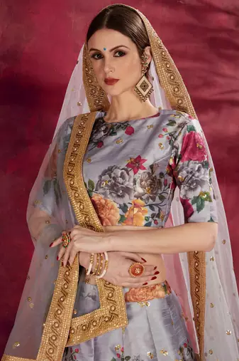 GLAMOROUS GREY PEARL, DORI AND SEQUINS EMBROIDERED ART SILK FABRIC LEHENGA CHOLI FOR CEREMONIAL