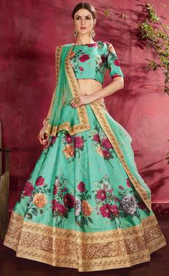GLAMOROUS GREEN PEARL, DORI AND SEQUINS EMBROIDERED ART SILK FABRIC DESIGNER LEHENGA CHOLI FOR WEDDING 2