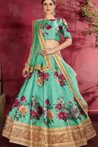 GLAMOROUS GREEN PEARL, DORI AND SEQUINS EMBROIDERED ART SILK FABRIC DESIGNER LEHENGA CHOLI FOR WEDDING
