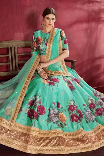 GLAMOROUS GREEN PEARL, DORI AND SEQUINS EMBROIDERED ART SILK FABRIC DESIGNER LEHENGA CHOLI FOR WEDDING