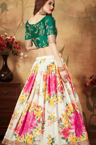 WHITE & GREEN COLORED DORI, ZARI, AND SEQUINS EMBROIDERED & DIGITAL FLORAL PRINTED ORGANZA PARTY WEAR LEHENGA