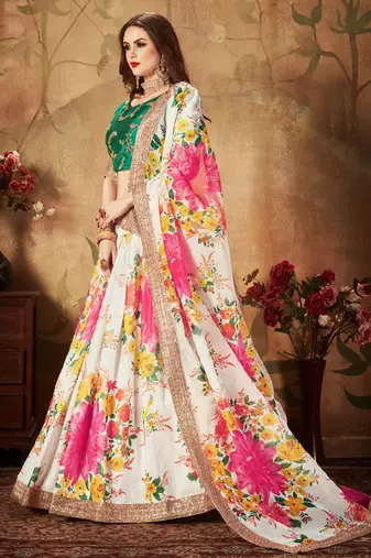 WHITE & GREEN COLORED DORI, ZARI, AND SEQUINS EMBROIDERED & DIGITAL FLORAL PRINTED ORGANZA PARTY WEAR LEHENGA