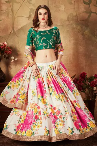 WHITE & GREEN COLORED DORI, ZARI, AND SEQUINS EMBROIDERED & DIGITAL FLORAL PRINTED ORGANZA PARTY WEAR LEHENGA