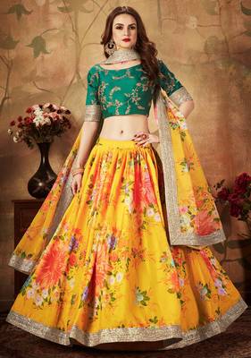 YELLOW & GREEN COLORED DORI, ZARI, AND SEQUINS EMBROIDERED & DIGITAL FLORAL PRINTED ORGANZA PARTY WEAR LEHENGA 1