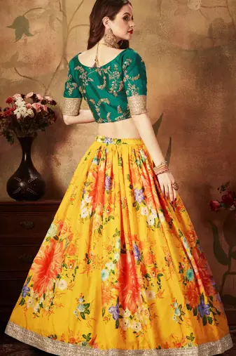 YELLOW & GREEN COLORED DORI, ZARI, AND SEQUINS EMBROIDERED & DIGITAL FLORAL PRINTED ORGANZA PARTY WEAR LEHENGA
