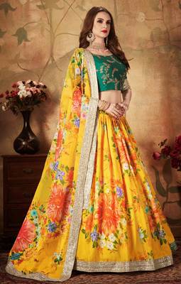 YELLOW & GREEN COLORED DORI, ZARI, AND SEQUINS EMBROIDERED & DIGITAL FLORAL PRINTED ORGANZA PARTY WEAR LEHENGA 3