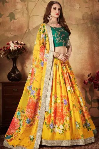 YELLOW & GREEN COLORED DORI, ZARI, AND SEQUINS EMBROIDERED & DIGITAL FLORAL PRINTED ORGANZA PARTY WEAR LEHENGA