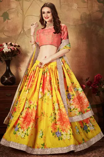 YELLOW & ORANGE  COLORED DORI, ZARI, AND SEQUINS EMBROIDERED & DIGITAL FLORAL PRINTED ORGANZA PARTY WEAR LEHENGA