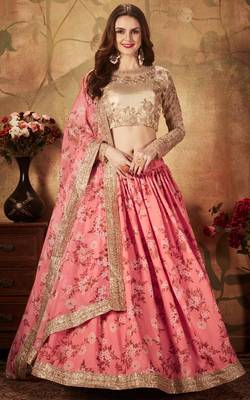 PINK & BEIGE COLORED DORI, ZARI, AND SEQUINS EMBROIDERED & DIGITAL FLORAL PRINTED ORGANZA LEHENGA CHOLI FOR WEDDING 1