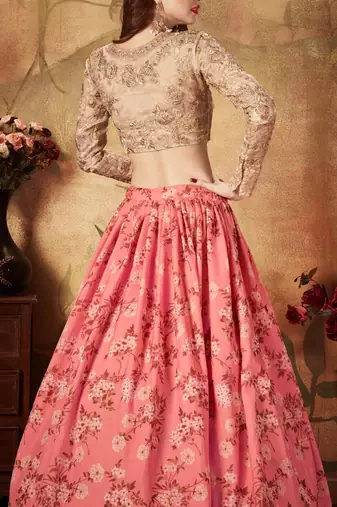 PINK & BEIGE COLORED DORI, ZARI, AND SEQUINS EMBROIDERED & DIGITAL FLORAL PRINTED ORGANZA LEHENGA CHOLI FOR WEDDING