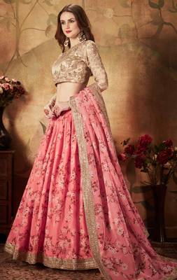 PINK & BEIGE COLORED DORI, ZARI, AND SEQUINS EMBROIDERED & DIGITAL FLORAL PRINTED ORGANZA LEHENGA CHOLI FOR WEDDING 3