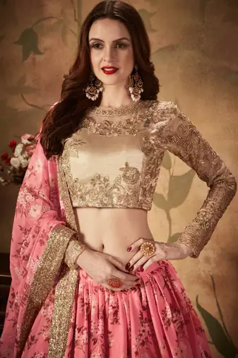 PINK & BEIGE COLORED DORI, ZARI, AND SEQUINS EMBROIDERED & DIGITAL FLORAL PRINTED ORGANZA LEHENGA CHOLI FOR WEDDING