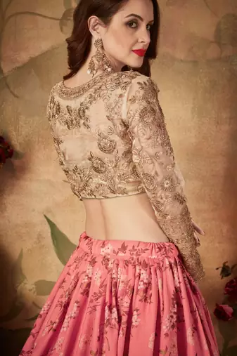 PINK & BEIGE COLORED DORI, ZARI, AND SEQUINS EMBROIDERED & DIGITAL FLORAL PRINTED ORGANZA LEHENGA CHOLI FOR WEDDING