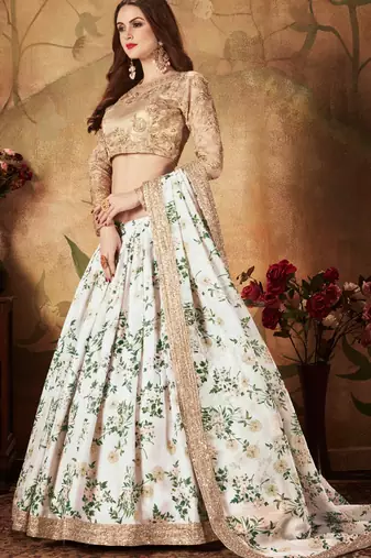 OFF-WHITE & BEIGE DORI, ZARI, AND SEQUINS EMBROIDERED & FLORAL PARTY WEAR LEHENGA