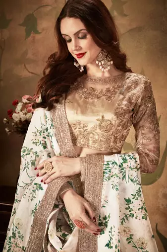 OFF-WHITE & BEIGE DORI, ZARI, AND SEQUINS EMBROIDERED & FLORAL PARTY WEAR LEHENGA