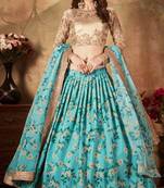 SKY-BLUE & BEIGE DORI, ZARI, AND SEQUINS EMBROIDERED & FLORAL ORGANZA LEHENGA CHOLI FOR BRIDE