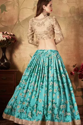 SKY-BLUE & BEIGE DORI, ZARI, AND SEQUINS EMBROIDERED & FLORAL ORGANZA LEHENGA CHOLI FOR BRIDE