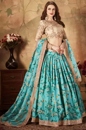 SKY-BLUE & BEIGE DORI, ZARI, AND SEQUINS EMBROIDERED & FLORAL ORGANZA LEHENGA CHOLI FOR BRIDE