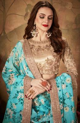 SKY-BLUE & BEIGE DORI, ZARI, AND SEQUINS EMBROIDERED & FLORAL ORGANZA LEHENGA CHOLI FOR BRIDE 4
