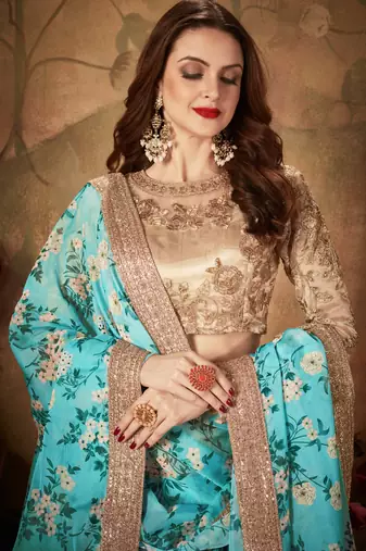 SKY-BLUE & BEIGE DORI, ZARI, AND SEQUINS EMBROIDERED & FLORAL ORGANZA LEHENGA CHOLI FOR BRIDE