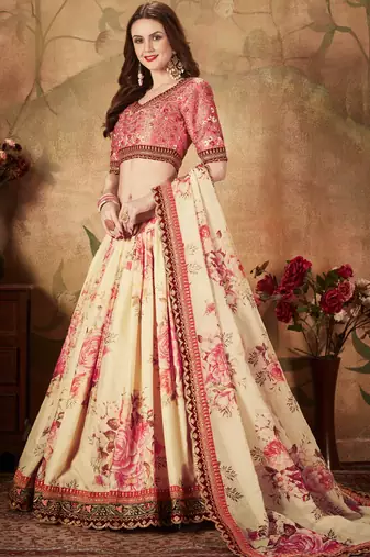 BEIGE EMBROIDERED ORGANZA SEMI STITCHED LEHENGA CHOLI FOR BRIDESMAID