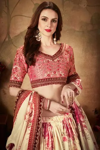 BEIGE EMBROIDERED ORGANZA SEMI STITCHED LEHENGA CHOLI FOR BRIDESMAID