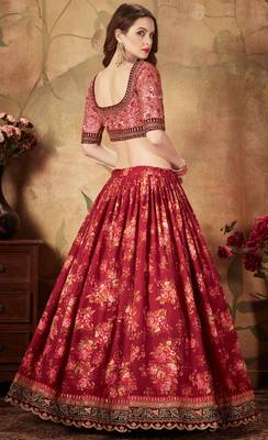 MAROON & PEACH COLORED DORI, ZARI, AND SEQUINS EMBROIDERED & DIGITAL FLORAL PRINTED ORGANZA PARTY WEAR LEHENGA 2