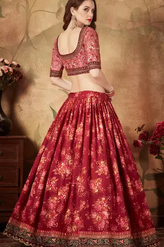 MAROON & PEACH COLORED DORI, ZARI, AND SEQUINS EMBROIDERED & DIGITAL FLORAL PRINTED ORGANZA PARTY WEAR LEHENGA