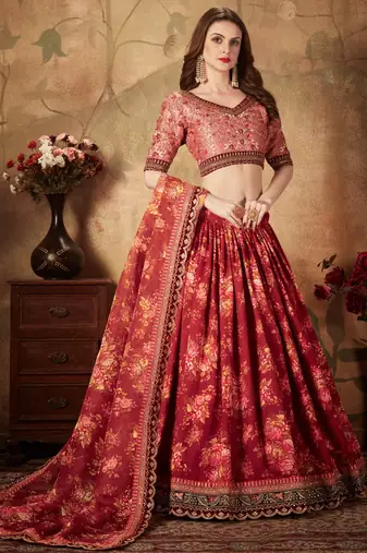 MAROON & PEACH COLORED DORI, ZARI, AND SEQUINS EMBROIDERED & DIGITAL FLORAL PRINTED ORGANZA PARTY WEAR LEHENGA