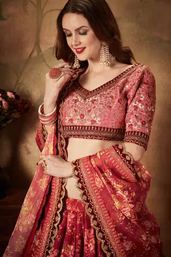 MAROON & PEACH COLORED DORI, ZARI, AND SEQUINS EMBROIDERED & DIGITAL FLORAL PRINTED ORGANZA PARTY WEAR LEHENGA