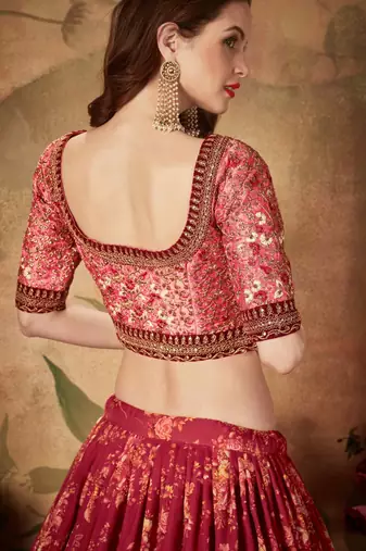 MAROON & PEACH COLORED DORI, ZARI, AND SEQUINS EMBROIDERED & DIGITAL FLORAL PRINTED ORGANZA PARTY WEAR LEHENGA