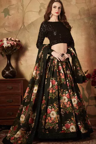 BLACK DORI, ZARI, AND SEQUINS EMBROIDERED & FLORAL ORGANZA LEHENGA CHOLI FOR BRIDE