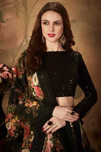 BLACK DORI, ZARI, AND SEQUINS EMBROIDERED & FLORAL ORGANZA LEHENGA CHOLI FOR BRIDE