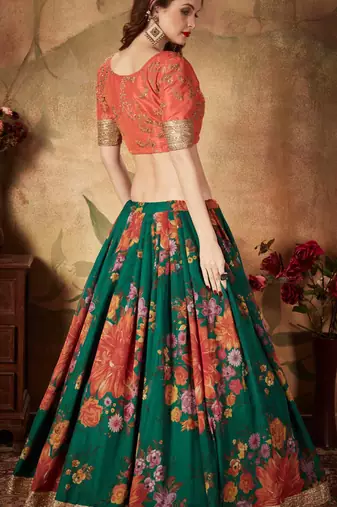 GREEN & ORANGE COLORED DORI, ZARI, AND SEQUINS EMBROIDERED & DIGITAL FLORAL PRINTED ORGANZA WEDDING LEHENGA CHOLI